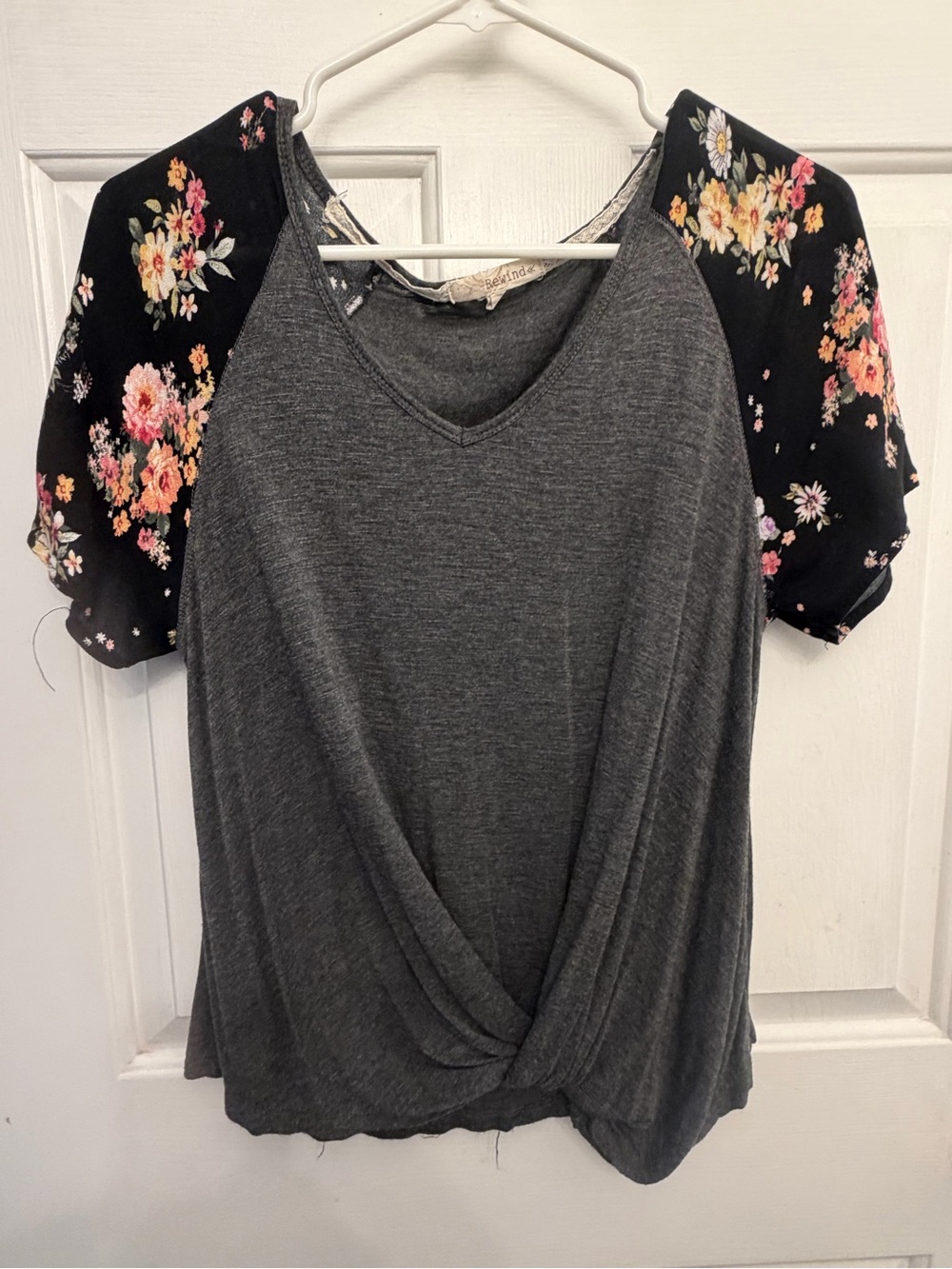 Rewind Charcoal Gray Twist-Front Top with Black Floral Sleeves